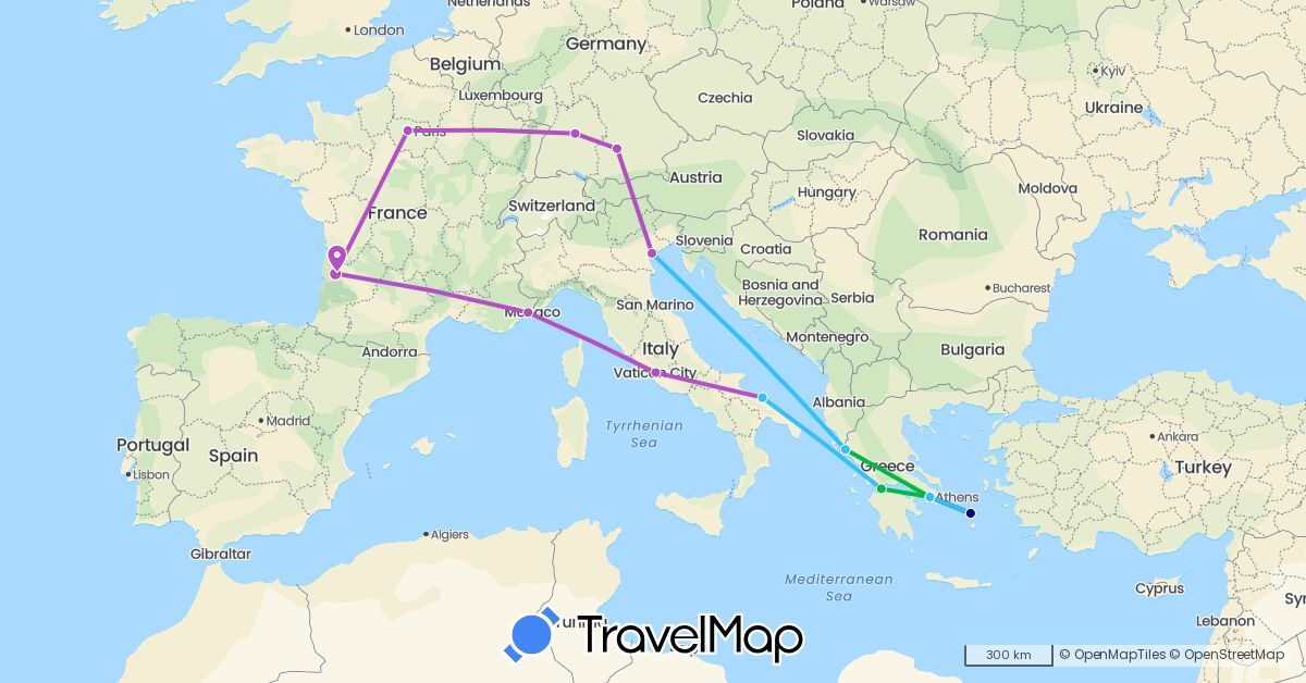 TravelMap itinerary: driving, bus, train, boat in Germany, France, Greece, Italy (Europe)